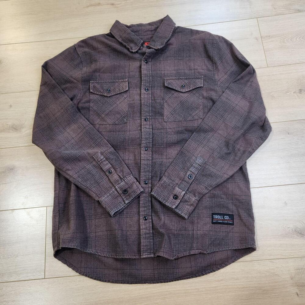 Troll Co. Shirt Mens XL Brown Plaid Flannel Long Sleeve Button Up Workwear